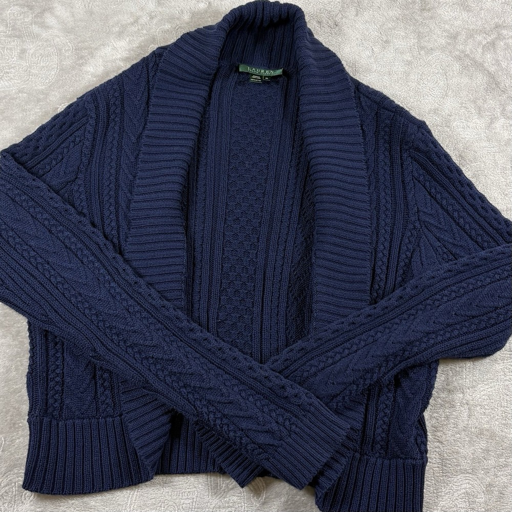 VTG Lauren Ralph Lauren Sweater Black Cable Knit Cardigan Shawl Open Front Sz XL